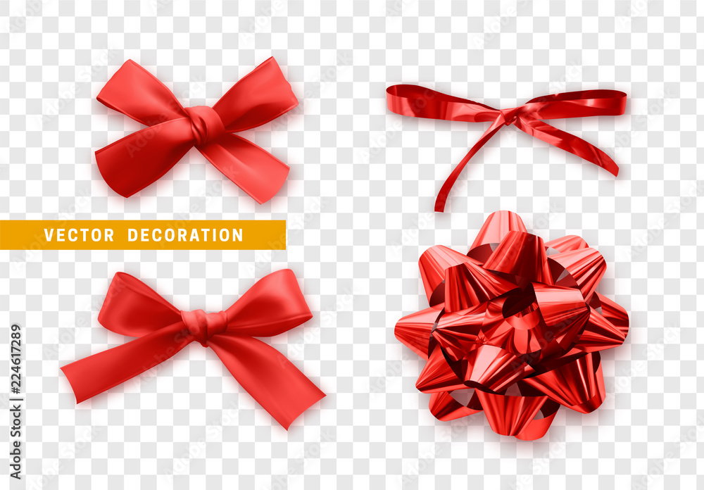 Poster Bows color red realistic design. Isolated gift bows with ribbons with shadow.