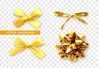 Bows color golden realistic design. Isolated gift bows with ribbons with shadow