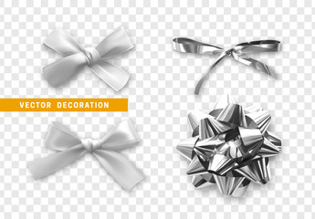 Bows color silver realistic design. Isolated gift bows with ribbons with shadow.