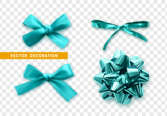 Bows color blue realistic design. Isolated gift bows with ribbons with shadow.