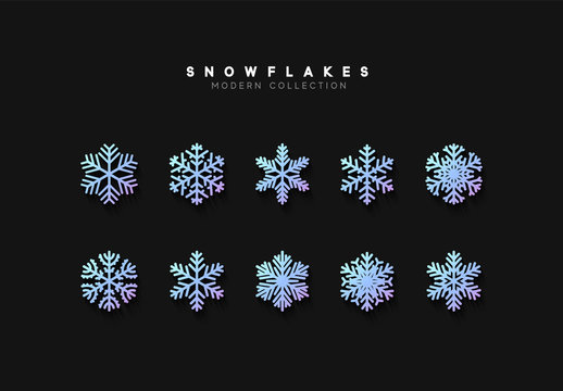 Snowflake flat icons set. Collection of cute geometric snowflakes