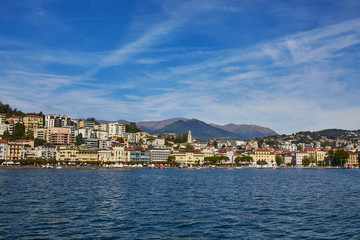 Fototapeta na wymiar View of Lugano from the lake, canton of Ticino, Switzerland