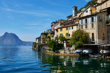 Fototapeta na wymiar View of Gandria village near Lugano from the lake, canton of Ticino, Switzerland