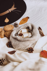 Autumn and Winter composition. Hot coffee with marshmallows, scarf, cookies, hat, bumps and autumn leaves. Flat lay, top view