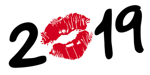 Concept de carte 2019 est inscrit en lettres manuscrites noires avec une trace de rouge à lèvre à la place du zéro. 