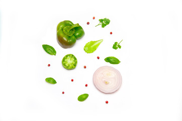 vegetables onion, pepper and paprika and salad and Basil and pepper on white background 