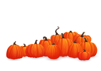 Horizontal vector banner, border or frame design. Pile of orange pumpkins of different shape and size isolated on white background. Halloween, thanksgiving, autumn template.