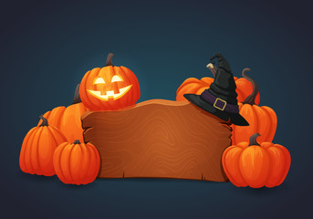 Wooden signboard with smiling halloween pumpkin, witch hat and pile of pumpkins on the background. Vector sign, banner, icon design template.