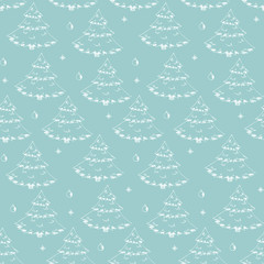 Christmas seamless pattern with cute hand drawn sketchy firs, snowflakes and balls. Tender colors winter texture with white snow pines for textile, wrapping paper, banner, wallpaper, new year decor