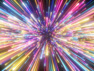 3d render, colorful fireworks, big bang, galaxy, abstract cosmic background, celestial, beauty of universe, speed of light, neon glow, stars, cosmos, ultraviolet infrared vibrant light, outer space