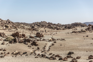 Desert landscape in the famous Teide National Park on the island of Tenerife with many rocks, Spain