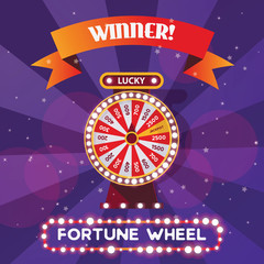 Square poster or flyer for fortune wheel winner. Purple background for modern bet money roulette game. Vector illustration
