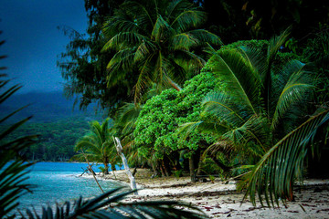 View of a jungle beach on Pele Island, a tiny tropical island with deserted beaches off the north coast of the island of Efate in Vanuatu, in the South Pacific, during a thunderstorm - obrazy, fototapety, plakaty