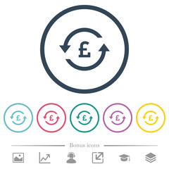Pound pay back flat color icons in round outlines