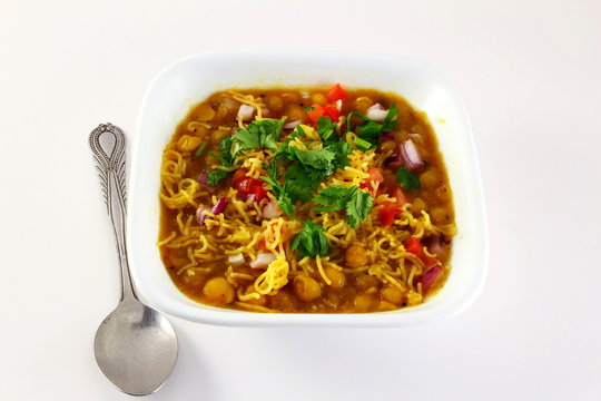 traditional indian gujarati food bhel snack or chaat sev usal or misal made from dried green peas besan vermicelli and spices