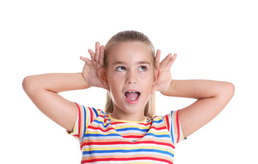 Cute little girl with hearing problem on white background