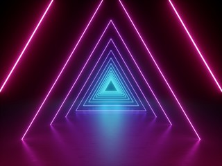 3d render, ultraviolet neon triangular portal, glowing lines, tunnel, corridor, virtual reality, abstract fashion background, violet neon lights, arch, pink blue triangle, spectrum, laser show - obrazy, fototapety, plakaty