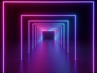 3d render, ultraviolet neon square portal, glowing lines, tunnel, corridor, virtual reality, abstract fashion background, violet neon lights, arch, pink blue spectrum vibrant colors, laser show