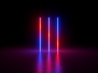 3d render, ultraviolet spectrum, red blue neon lights, vertical glowing lines, laser show, night...