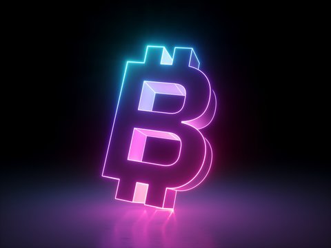 3d render, bitcoin crypto currency symbol, red neon glowing sign isolated on black background, business concept, ultraviolet light, electricity, electric lamp, fluorescent element