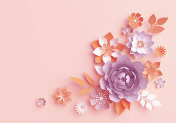 3d render, fall paper flowers, autumn botanical arrangement, floral clip art, bouquet isolated on...