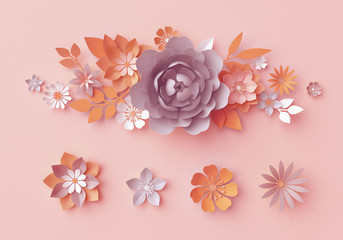 3d render, fall paper flowers, botanical design elements, autumn floral clip art set isolated on...