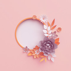 3d render, fall paper flowers, botanical round frame, pastel pink background, autumn floral wreath, nursery wall decor, baby shower invitation, blank banner, rose, peony, daisy, leaves