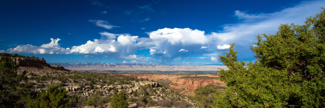 Panorama of the canyons, bluffs, trees, distant mountains, and vast sky of Colorado National Monument