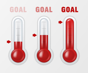 Vector realistic 3d glass meteorology, weather thermometer scale sign icon set closeup isolated on white background. Clip art, design template for graphics. Thermometers with different levels and