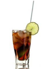 Cola With Ice Cubes, Lime And Straw In Glass