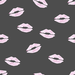 Kissing lipstick, seamless pattern. Lip prints on isolated dark background. Vector endless ornament for printing, fabric, packaging or greeting card design.