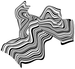 Abstract black and white stripes bent ribbons geometrical chaotic wave shape isolated on white