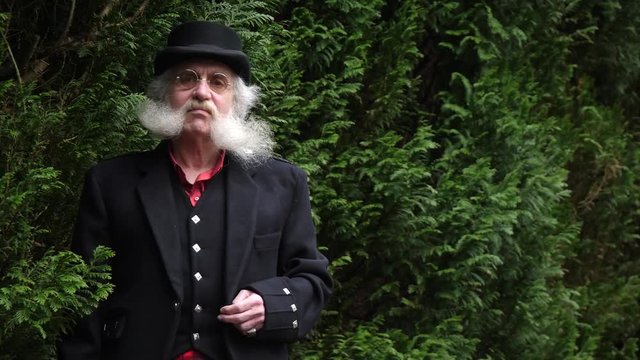 Older man with beard looks at camera through trees, leprechaun concept