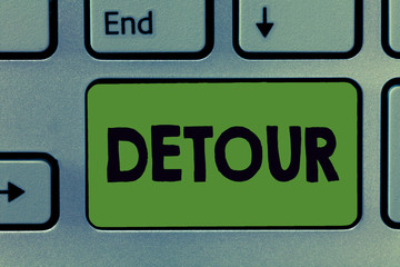 Text sign showing Detour. Conceptual photo long or roundabout route taken to avoid something or visit somewhere.