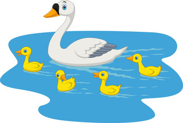 Obraz premium Cartoon swan family swimming in the pond