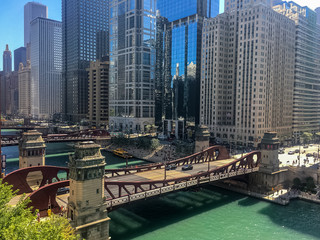 Summer afternoon in busy downtown Chicago, overlooking the Chicago River.