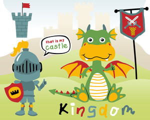 Vector of funny dragon cartoon with little knight