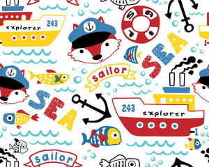 Seamless pattern vector of sailing equipments cartoon with funny captain