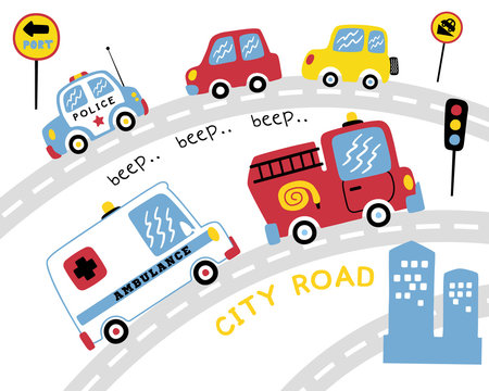 Vector set of various vehicles cartoon on the road