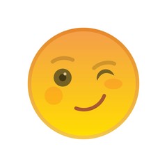 Fototapeta premium Winking emoticon isolated on white background. Happy yellow emoji symbol. Social communication and internet chatting vector element. Blinking smile face with facial expression in flat style.