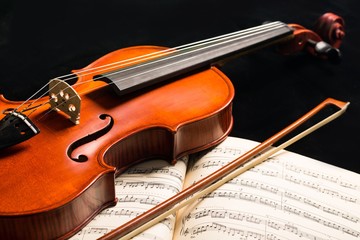 Fototapeta na wymiar Violin On Music Books Close-up