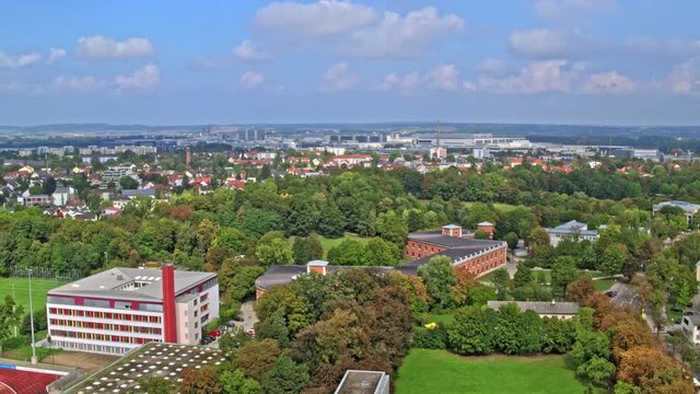 Long aerial shot of Audi headquarters, as big as an urban district, in Ingolstadt, Germany.