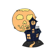 Happy halloween color vector icon moon graveyard crypt. Trick or treat. Cute naive doodle, spooky element. Graveyard, monster, fall celebration. Witchcraft and magic. Vector illustration. Background.