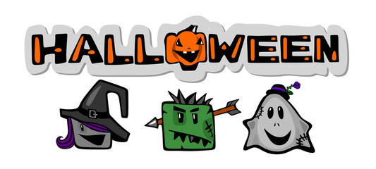 Halloween, witch, Ghost, zombie and smiling pumpkin .Comical cartoon characters on a white background