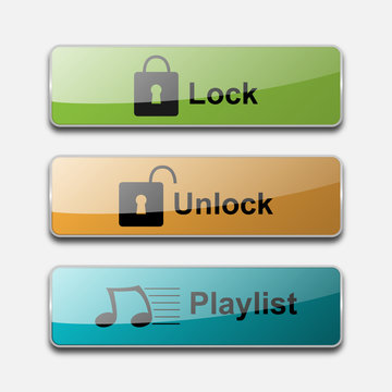 3D glossy action web button vector design. Lock, unlock, playlist button for website