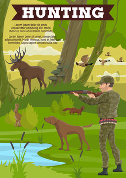 Hunting sport outdoor activity poster with hunter