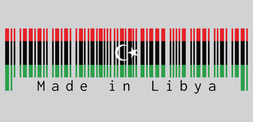 Barcode set the color of Liberia flag, red black and green with a white crescent and star. text: Made in Libya. concept of sale or business.