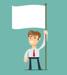 Businessman holds white flag. Hand holding blank flag. Flat style vector illustration.
