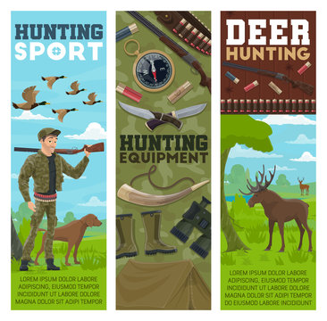Hunting sport banners, hunter and animals