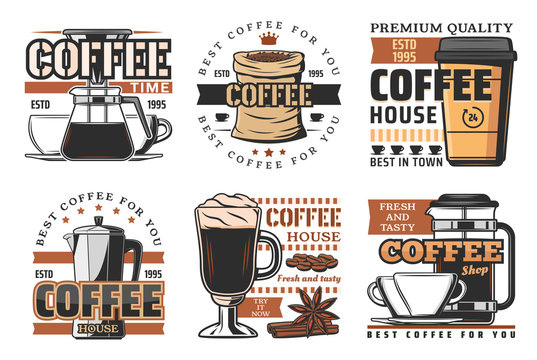 Coffee house, cafeteria and production icons